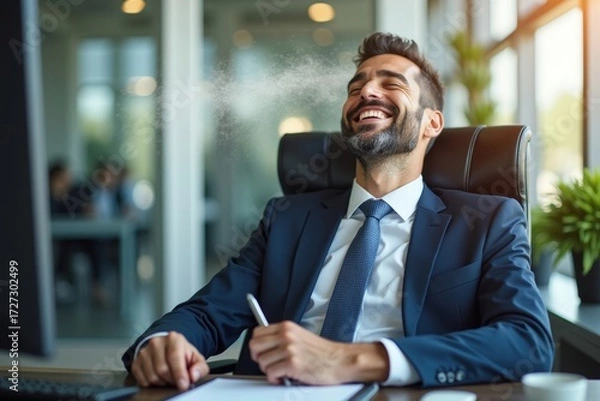 Fototapeta Businessman Relaxing at Desk in Suit and Tie, Smiling with Eyes Closed, Feeling Cool Air