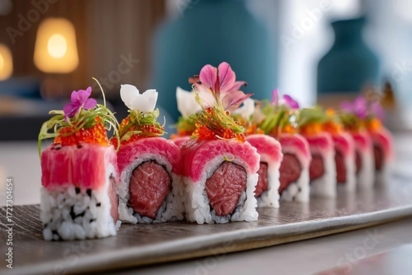 Fototapeta Savoring sushi delicacies presented in an upscale restaurant setting, captured in a close-up food photography style, showcasing culinary art.