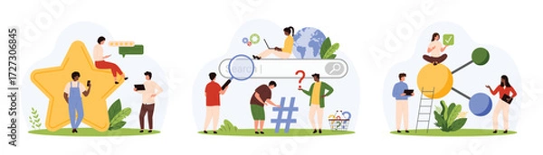 Fototapeta Search engine and review services set. Tiny people rate positive experience of product with gold star, find content in browser with magnifying, glass, link data network cartoon vector illustration