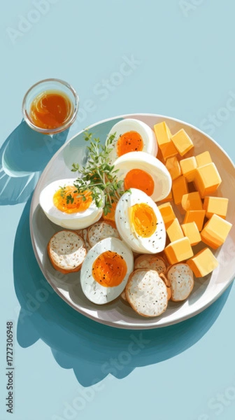 Fototapeta Breakfast platter featuring soft-boiled eggs, cheeses, and a glass of tea on a blue background