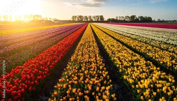 Obraz Colorful tulip fields at sunset