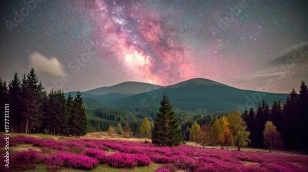 Fototapeta Stargazing night sky mountain valley nature photography vibrant landscape low angle cosmic beauty