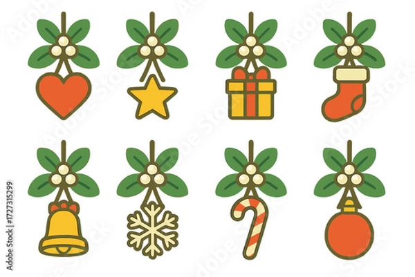 Fototapeta Mistletoe Icon Set. Holiday Mistletoe set of icons in neo-flat style: mistletoe with heart, mistletoe with star, mistletoe with gift, mistletoe with
