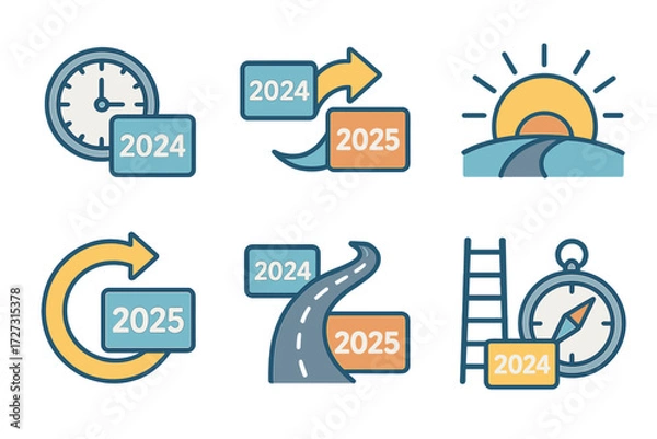 Fototapeta Year Change Icons. Time & Renewal set of icons in neo-flat style: year change with clock, year change with arrow, year change with calendar flip, year