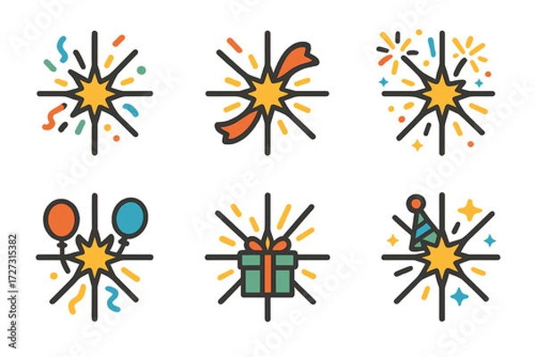 Fototapeta Festive Sparks Icons. Festive Sparks set of icons in neo-flat style: spark with confetti, spark with ribbon, spark with fireworks, spark with balloons