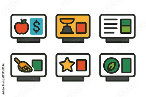 Fototapeta Neo-Flat Grocery Icons. Grocery Shelf Tags set of icons in neo-flat style: produce price tag, weight label, nutrition facts tag, bulk item tag, daily
