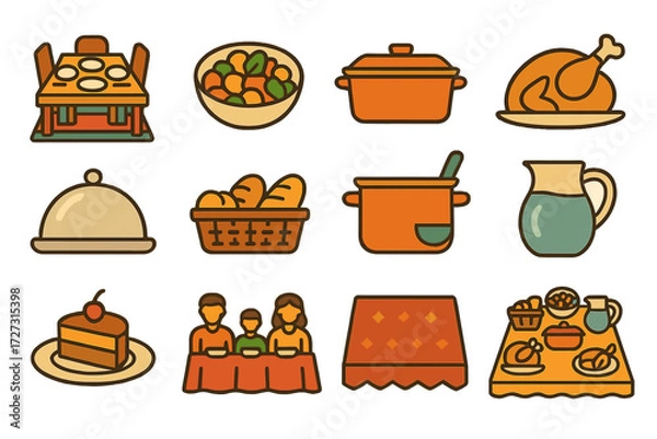 Fototapeta Neo-Flat Family Feast. Family Dinner set of icons in neo-flat style: table with plates, shared bowl of food, casserole dish, roasted chicken, serving