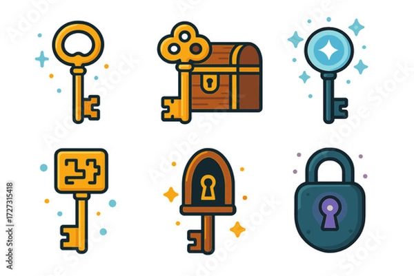 Fototapeta Fantasy treasure linear icon set. featuring keys, chest, lock, magic symbols