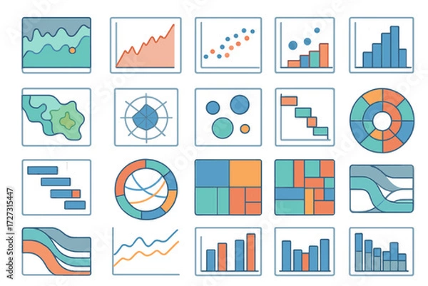 Fototapeta Data Dashboard Icons. Data Visualization Dashboard set of icons in neo-flat style: real-time data graph, historical trend chart, correlation scatter