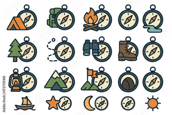 Fototapeta Neo-Flat Compass Icons. Adventure Compass set of icons in neo-flat style: compass with tent, compass with backpack, compass with campfire, compass