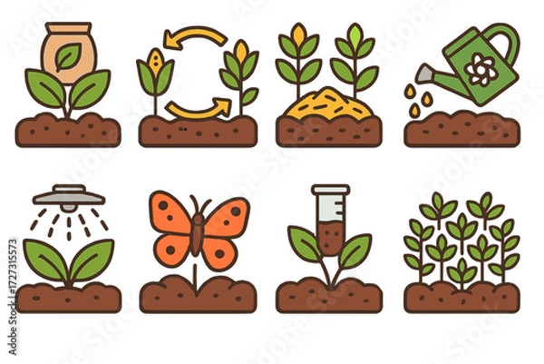 Fototapeta Sustainable Farming Icons. Sustainable Practices set of icons in neo-flat style: soil health with organic farming, soil health with crop rotation,