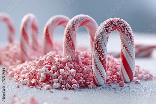 Fototapeta Several small candy canes laying on a table, covered in crushed candy cane pieces, creating a festive, sweet holiday atmosphere.