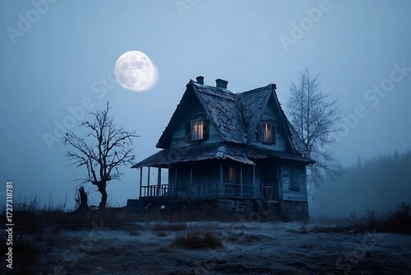Fototapeta Spooky abandoned house at night with fog surrounding it and a full moon in the background, evoking a haunting atmosphere.