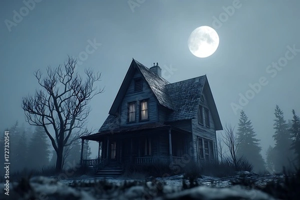 Fototapeta Spooky abandoned house at night with fog surrounding it and a full moon in the background, evoking a haunting atmosphere.