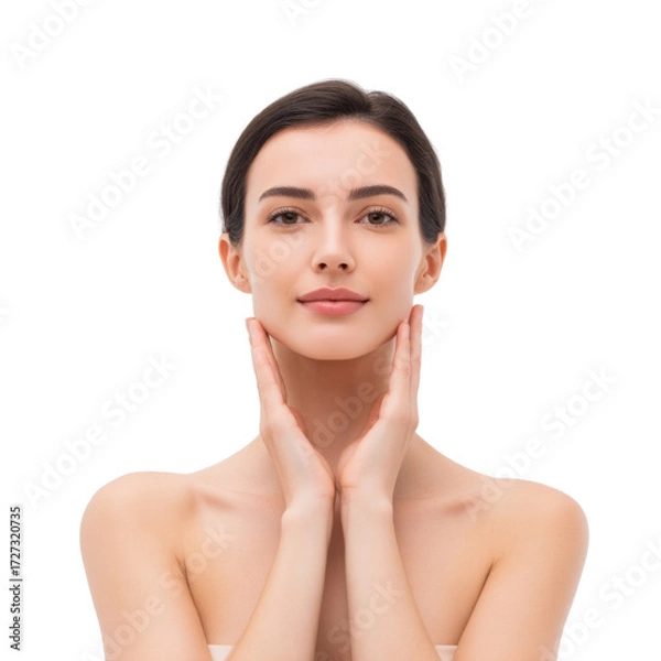 Fototapeta Young woman with smooth skin gently touching her face with a serene expression on a light background