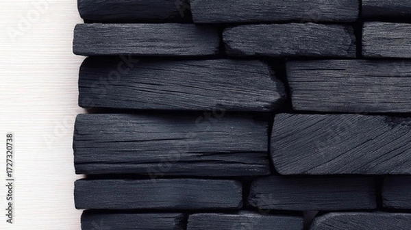 Fototapeta Dark charcoal pieces stacked against a light textured background