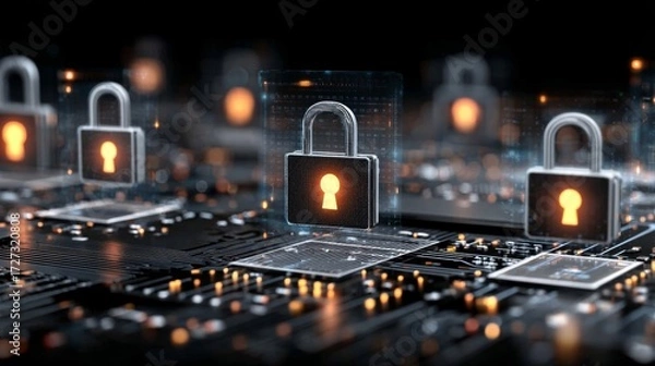 Fototapeta Digital padlock symbol with glowing keyhole on circuit board, representing data security