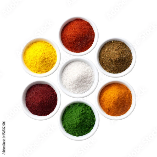 Fototapeta Colorful Arrangement of Various Spices in Small Bowls on a Light Background for Culinary Inspiration and Recipe Creation