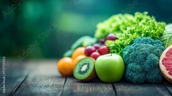 Fototapeta Fresh assorted fruits and vegetables on rustic wooden table