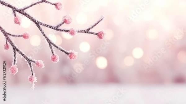 Fototapeta Frosted red berries on branch with soft bokeh lights