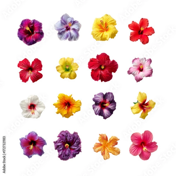 Fototapeta Colorful Collection of Isolated Hibiscus Flowers in Various Shades and Patterns for Decorative and Design Use