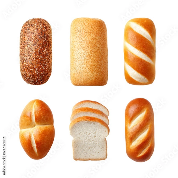Fototapeta Assortment of Freshly Baked Bread Rolls on a White Background for Culinary Use and Recipe Inspiration