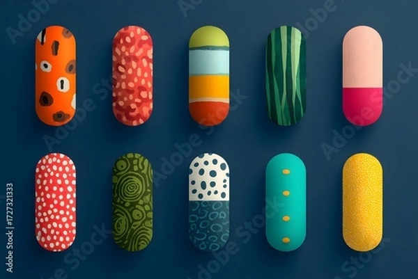 Fototapeta Colorful patterned capsules arranged neatly pills medicine