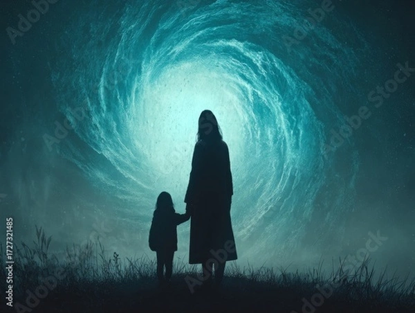 Fototapeta Mother and child facing a cosmic swirl