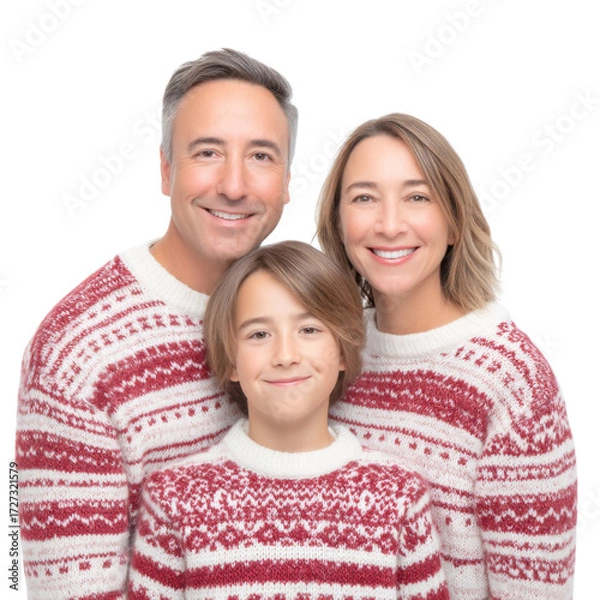 Fototapeta Happy Family Portrait in Cozy Sweaters with Joyful Expressions Against a Neutral Background