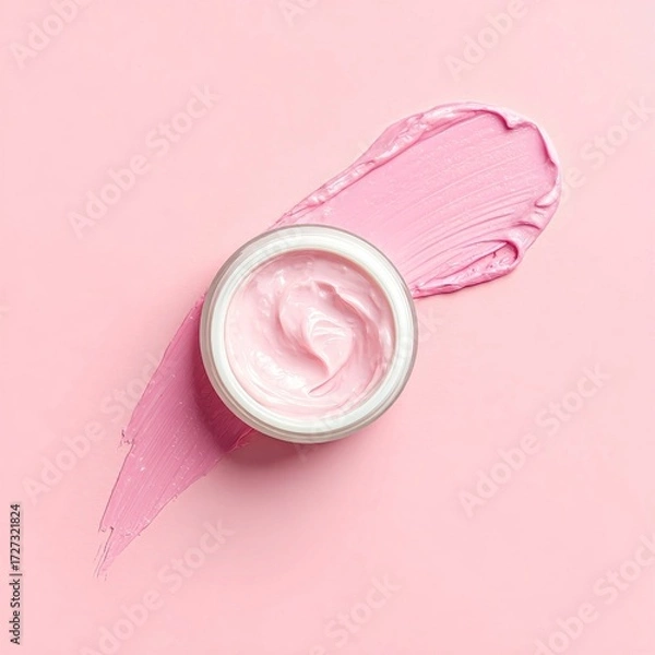 Fototapeta Pink cream in a jar with swatch on a pastel background