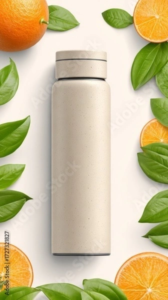 Fototapeta Reusable water bottle surrounded by fresh oranges and green leaves on a white background