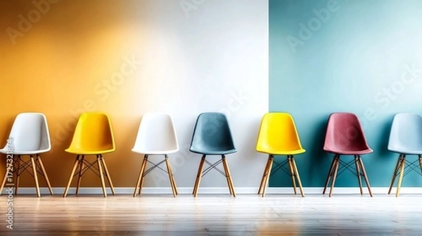 Fototapeta Row of colorful modern chairs against a gradient wall and wooden floor