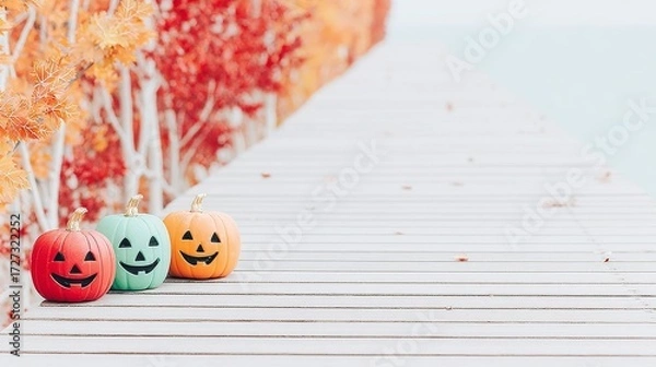 Fototapeta Three colorful jack-o-lanterns on a wooden pier with autumn leaves