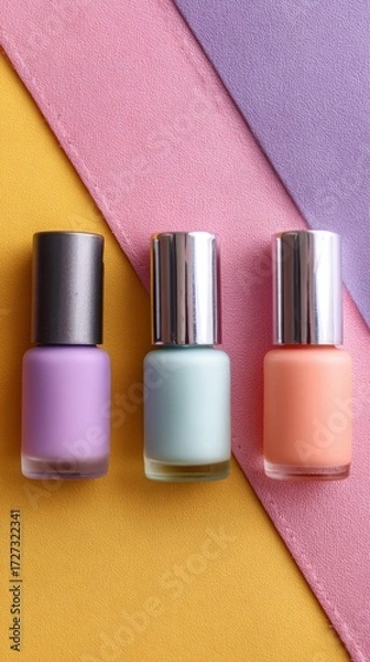 Fototapeta Three pastel nail polish bottles arranged on a colorful background