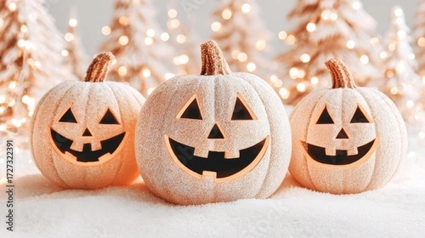 Fototapeta Three jack-o-lanterns with sparkling texture sit in snow with bokeh lights