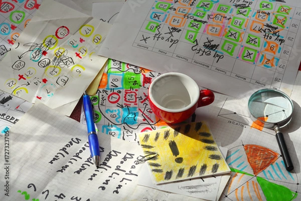 Obraz Calendar with business appointments and deadlines,pens,coffee cup and paperwork, on  messy workplace. Business concept beat the clock, overworked, stress. Free copy space. stock photo.
