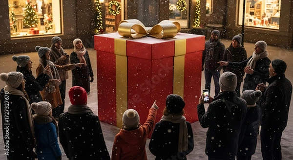 Fototapeta A group of people surrounded by a colossal, wrapped gift, a perfect embodiment of celebration. Witnessing the joy of anticipation and the sharing of festive cheer in an atmosphere of communal delight.