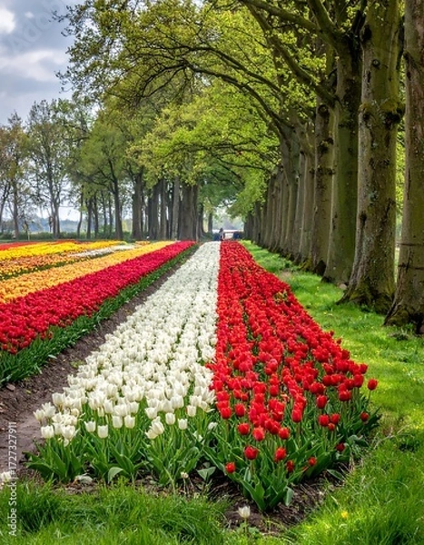 Obraz Colorful tulips line a tree-lined path