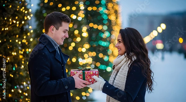 Fototapeta A heartwarming winter scene unfolds as a couple exchanges a beautifully wrapped present, surrounded by the twinkling lights of a festive Christmas tree, full of joy.