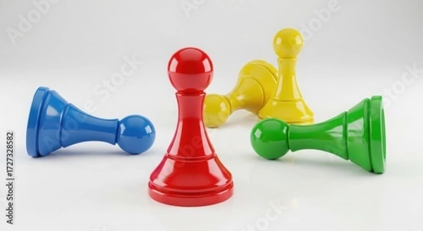 Fototapeta Four board game pawns in red, green, blue and yellow isolated on white background