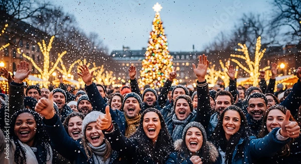 Fototapeta A jubilant crowd revels in the festive spirit, bathed in the warm glow of holiday lights, centered around a dazzling Christmas tree, a heartwarming scene of unity and celebration.