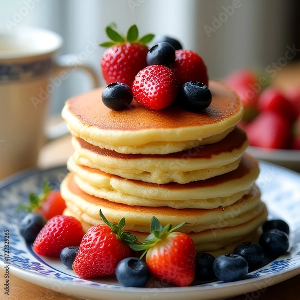 Fototapeta Fluffy Pancake Stack with Strawberries and Blueberries on White Plate