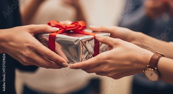 Fototapeta Two sets of hands, reaching out to exchange a beautifully wrapped gift, the moment captured in a close-up shot. The package, adorned with a red ribbon. conveying thoughtfulness and generosity.