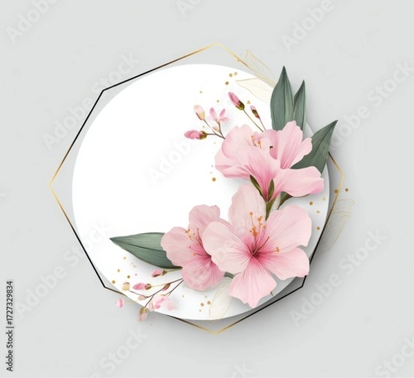 Fototapeta a round sticker with pink floral wreath and geometric frame design on white background,