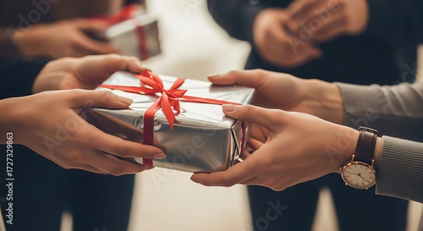 Fototapeta A thoughtful exchange of wrapped gifts between hands with a red ribbon, capturing the spirit of sharing and celebration.