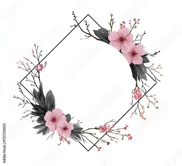 Fototapeta a round sticker with pink floral wreath and geometric frame design on white background,