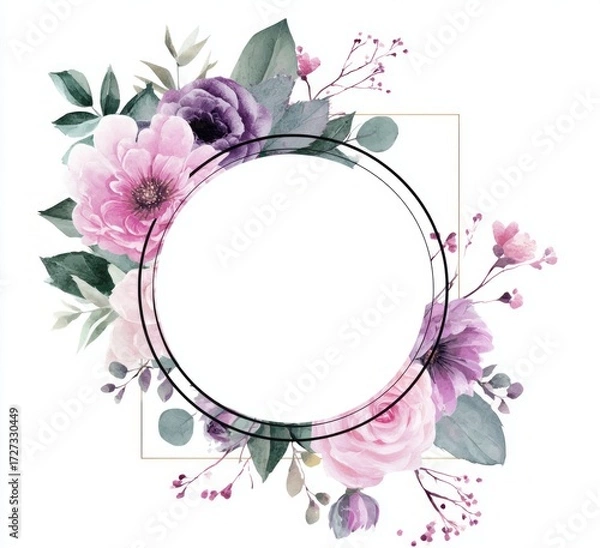 Fototapeta a round sticker with pink floral wreath and geometric frame design on white background,