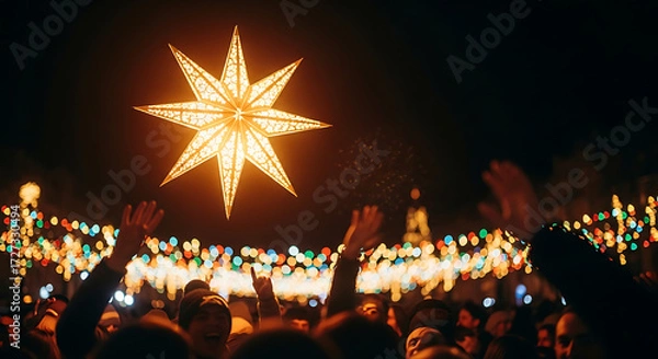 Fototapeta A dazzling light show unfolds, with a massive, radiant star illuminating the night sky above a captivated crowd. People celebrate with raised arms in a festive atmosphere. 