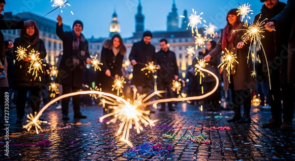 Fototapeta People light sparklers on city street at dusk, celebrating a festive occasion with joyful glee and dynamic patterns of light, captured with a long exposure.