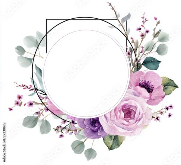 Fototapeta a round sticker with pink floral wreath and geometric frame design on white background,